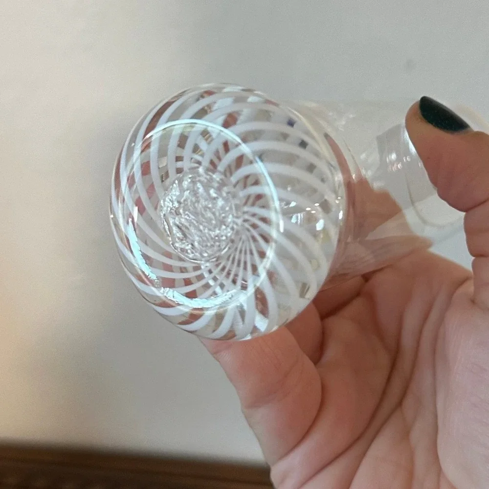 Hand Blown Glass Bud Vase Clear Latticino Swirl Base White Trim 5 Inch